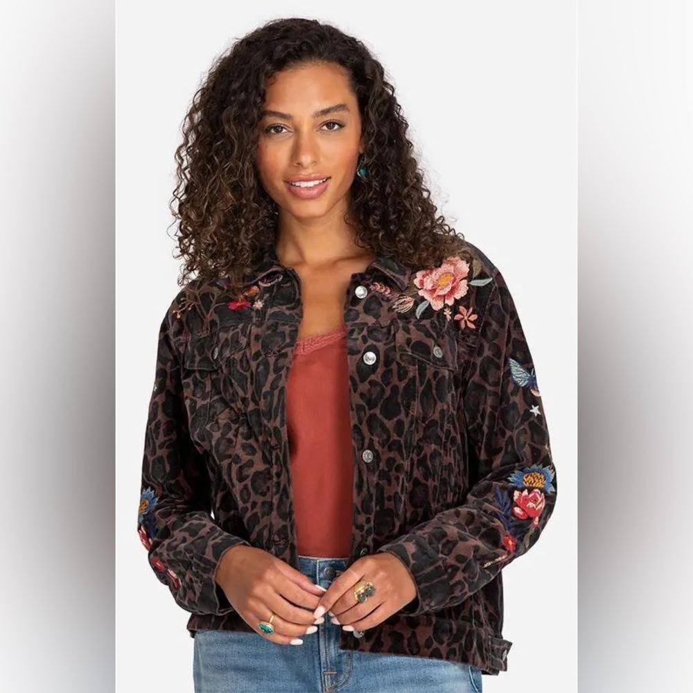 NWT Johnny Was Mandisa Velvet Leopard Floral Print Trucker Jacket Size Large